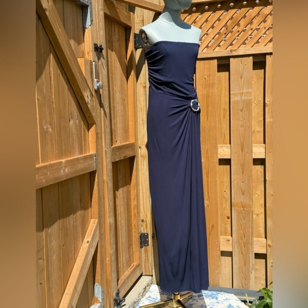 🆕 SIMKHAI 🧿 NWOT Emma Draped Jersey Bustier Midi Dress, Midnight Blue Sz US 12 - Picture 5 of 13